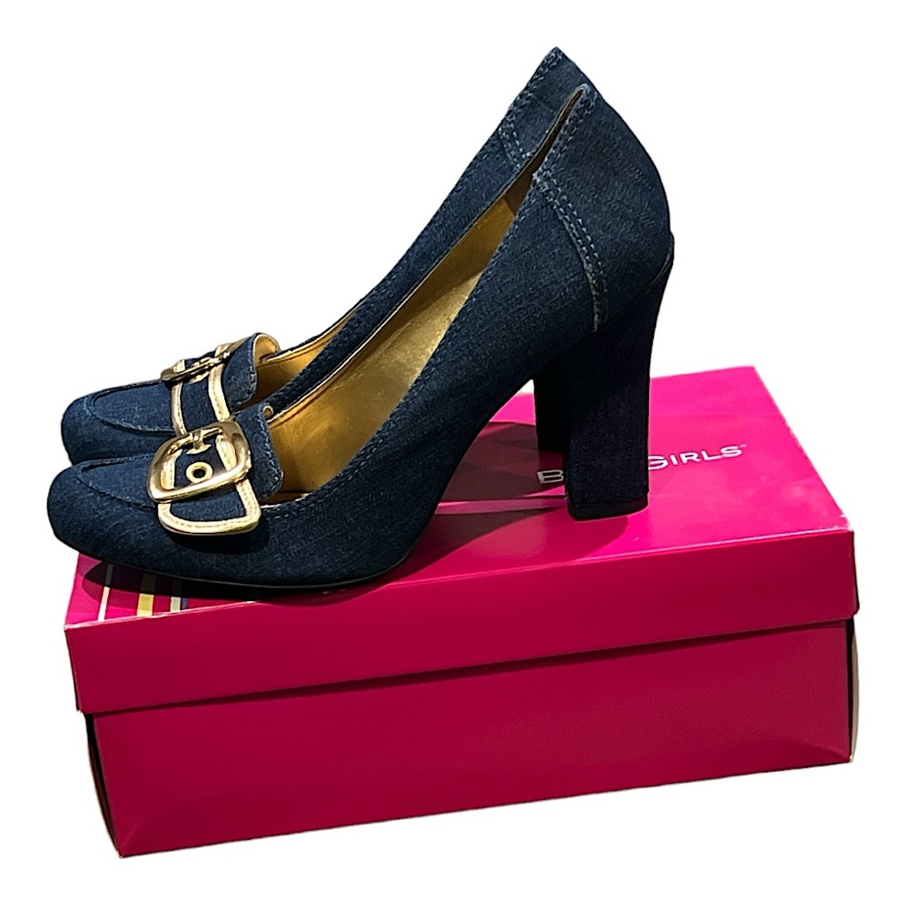 BCBG Dark Blue Heels with Gold Accents